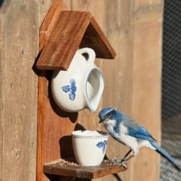 Rustic Wooden Handmade Bird Feeder Blue View - Picture 15 of 16